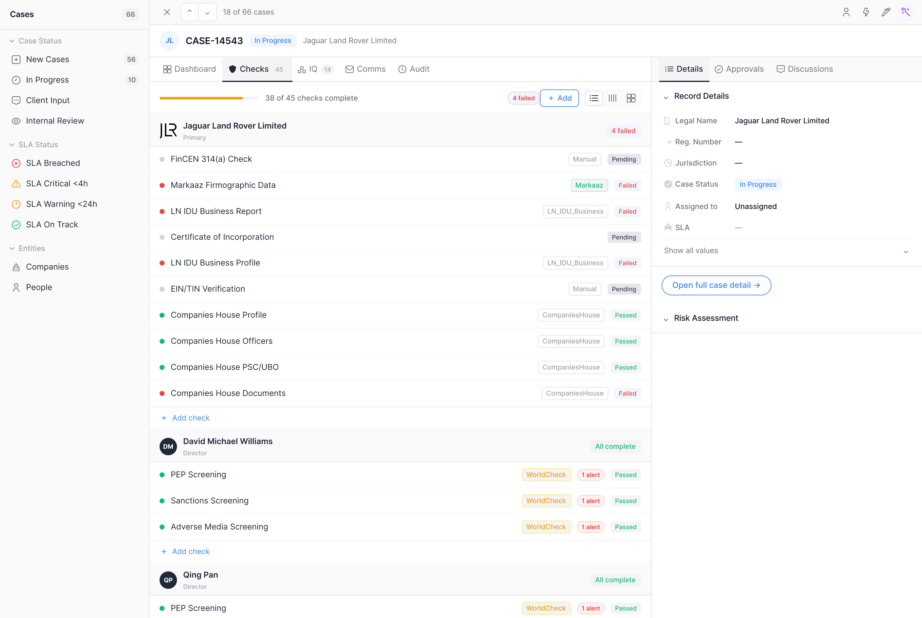KYC and AML checks with pass and fail status