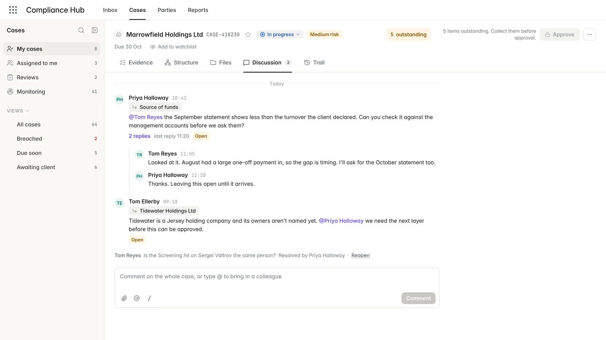 The Discussion tab of a case in Compliance Hub, with fictional data