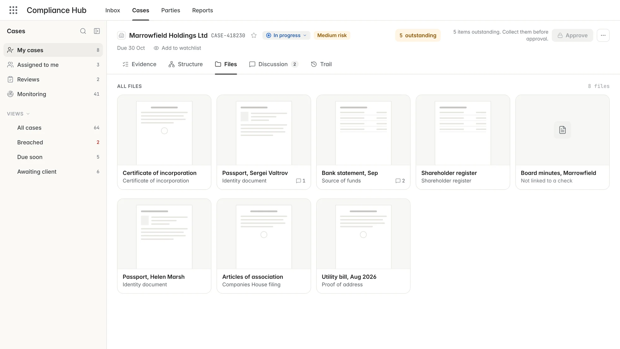 The Files tab of a case in Compliance Hub, with fictional data